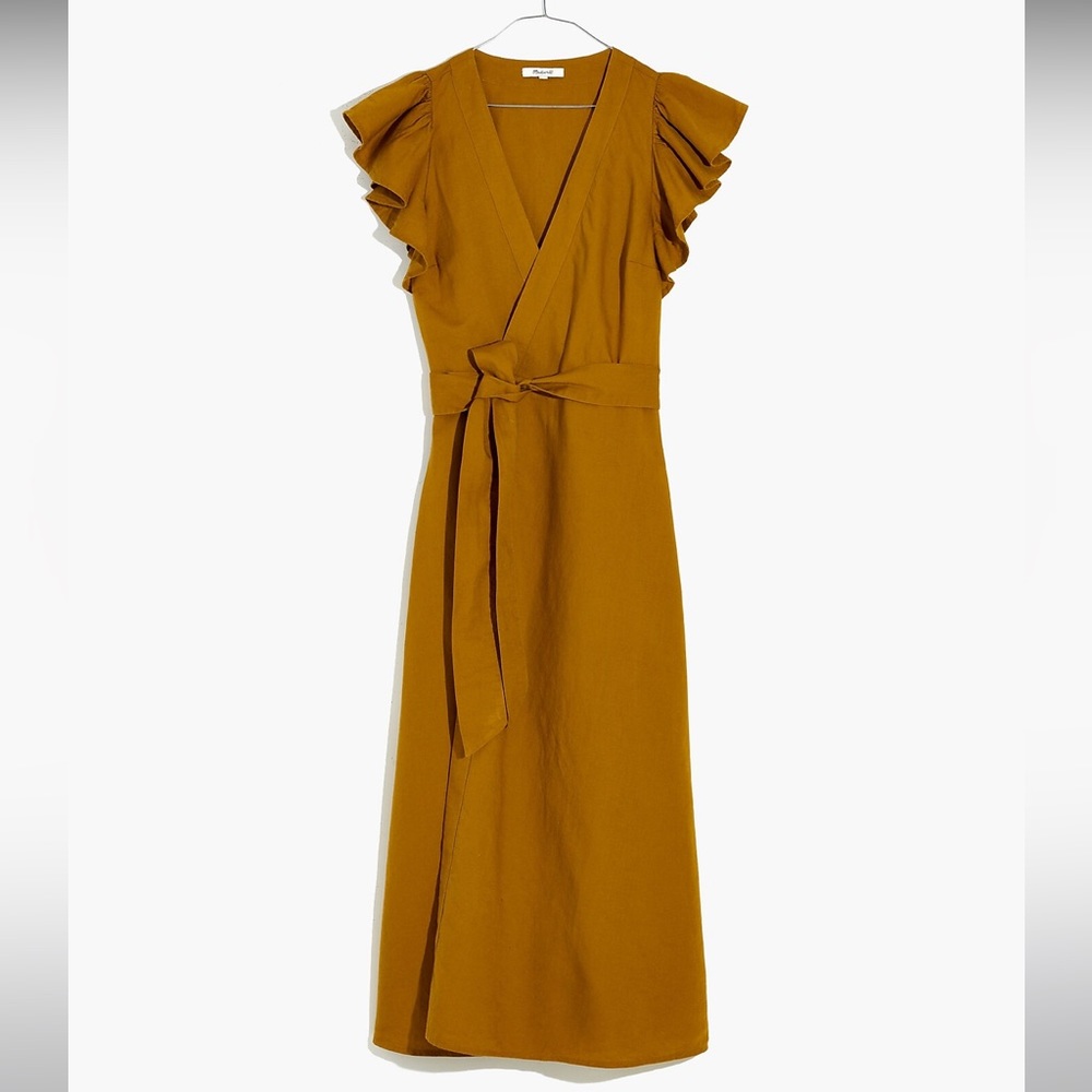 Linen-Blend Ruffle-Sleeve Wrap Midi Dress